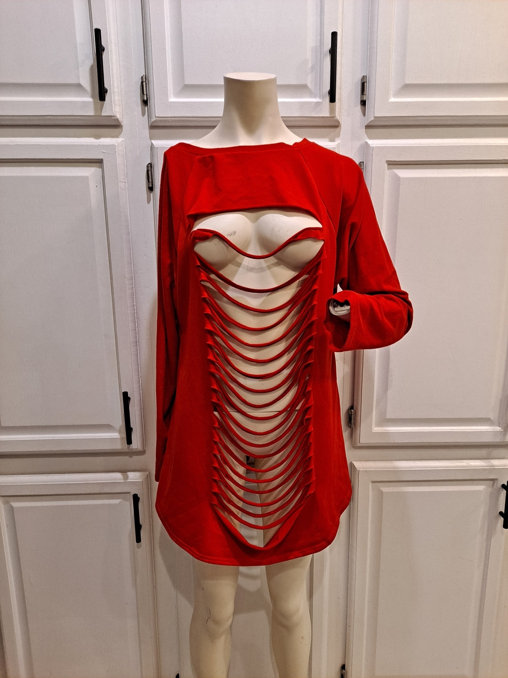 Red Cutout Distressed Ripped Front Or Back Long-Sleeve Tunic Sweatshirt